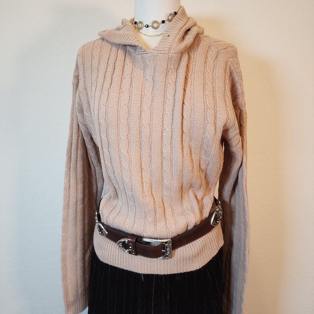Nasty Gal Collection Womens L Beige Knit Cable Knit Hoodie Pullover‎ Sweater